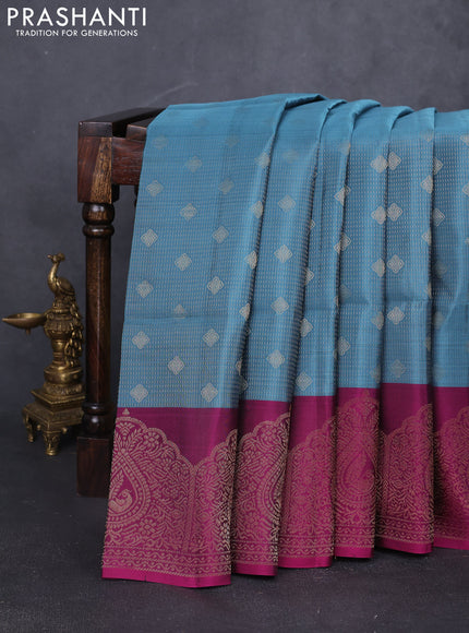 Kanchipuram soft silk saree greyish blue and magenta pink with allover zari stripes & buttas and long zari woven border