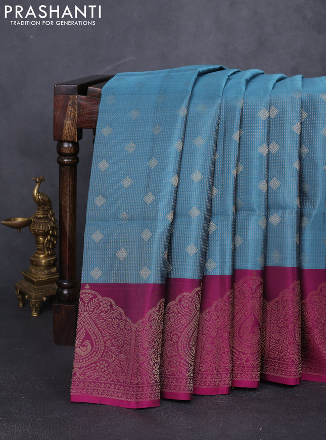 Kanchipuram soft silk saree greyish blue and magenta pink with allover zari stripes & buttas and long zari woven border
