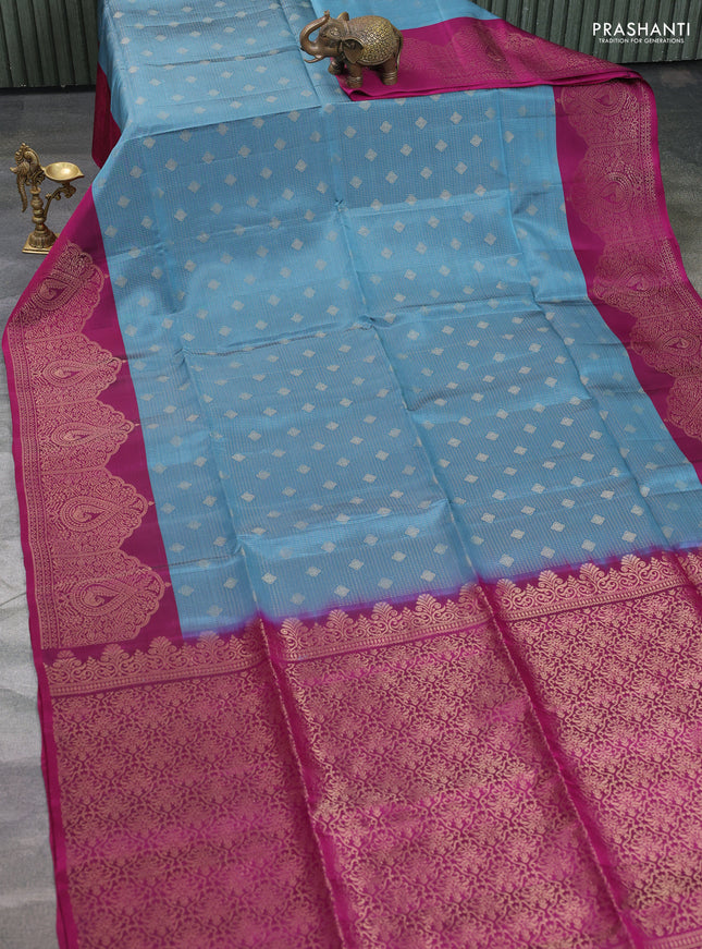 Kanchipuram soft silk saree greyish blue and magenta pink with allover zari stripes & buttas and long zari woven border