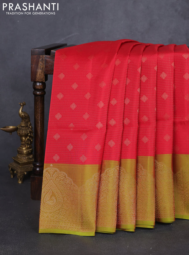 Kanchipuram soft silk saree red and light green with allover zari stripes & buttas and long zari woven border