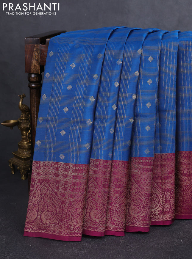 Kanchipuram soft silk saree peacock blue and magenta pink with allover zari checks & buttas and long zari woven border