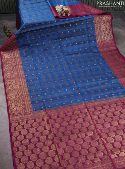 Kanchipuram soft silk saree peacock blue and magenta pink with allover zari checks & buttas and long zari woven border