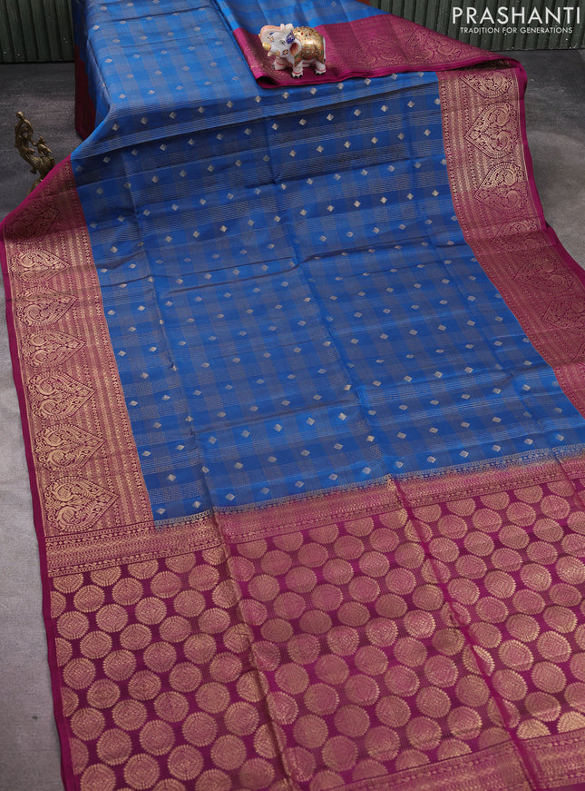 Kanchipuram soft silk saree peacock blue and magenta pink with allover zari checks & buttas and long zari woven border