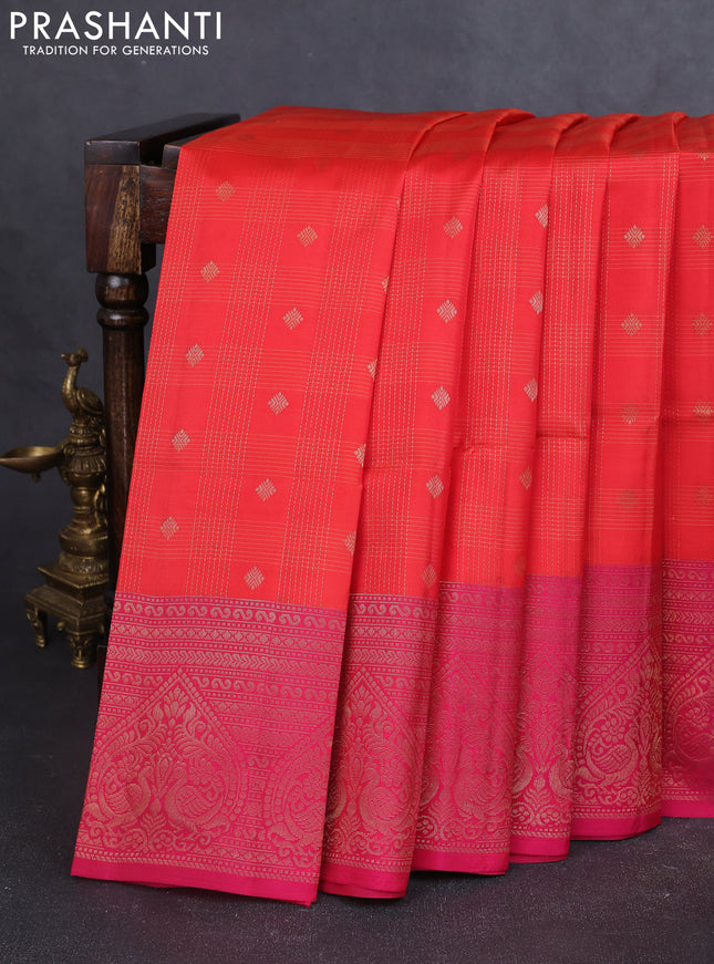 Kanchipuram soft silk saree red and pink with allover zari checks & buttas and long zari woven border