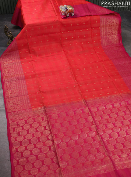 Kanchipuram soft silk saree red and pink with allover zari checks & buttas and long zari woven border