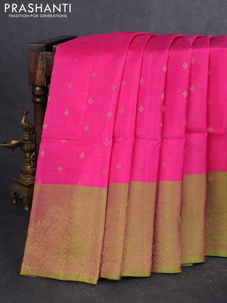 Kanchipuram soft silk saree pink and light green with allover zari woven buttas and long zari woven border