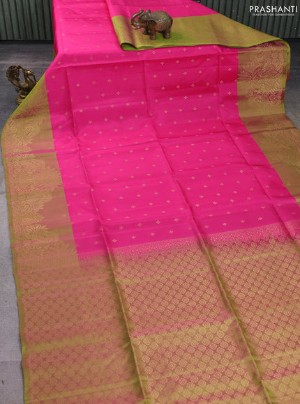 Kanchipuram soft silk saree pink and light green with allover zari woven buttas and long zari woven border