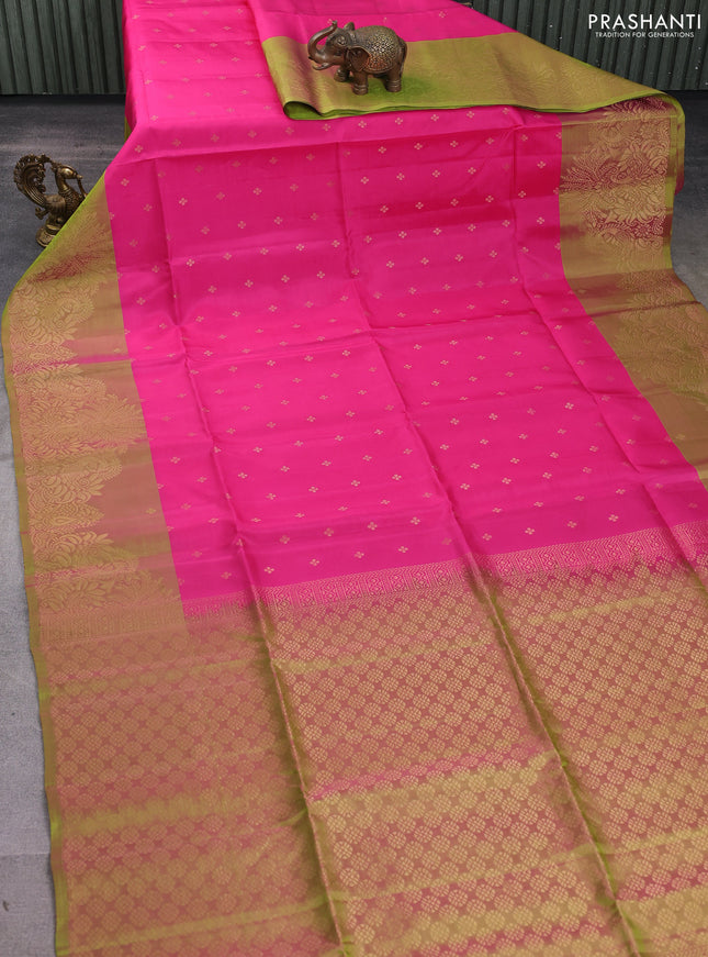 Kanchipuram soft silk saree pink and light green with allover zari woven buttas and long zari woven border