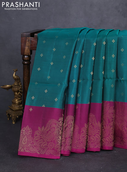 Kanchipuram soft silk saree green and megenta pink with allover zari woven buttas and long zari woven border