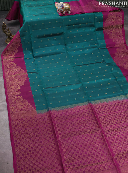Kanchipuram soft silk saree green and megenta pink with allover zari woven buttas and long zari woven border