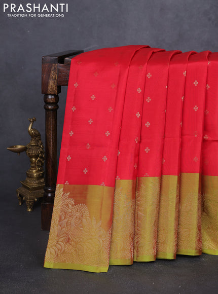 Kanchipuram soft silk saree red and lime green with allover zari woven buttas and long zari woven border