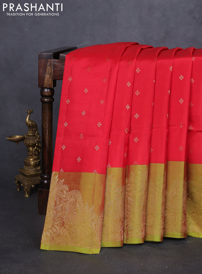 Kanchipuram soft silk saree red and lime green with allover zari woven buttas and long zari woven border