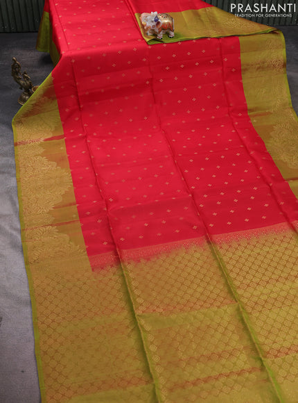 Kanchipuram soft silk saree red and lime green with allover zari woven buttas and long zari woven border