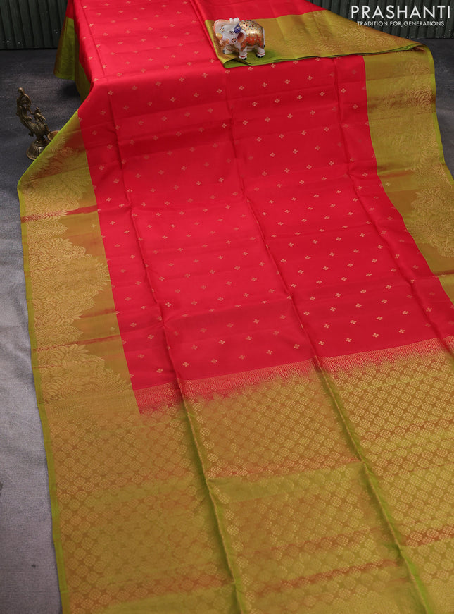 Kanchipuram soft silk saree red and lime green with allover zari woven buttas and long zari woven border