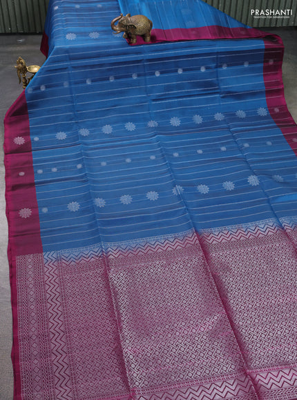 Kanchipuram soft silk saree peacock blue and magenta pink with allover zari stripes & buttas and zari woven border