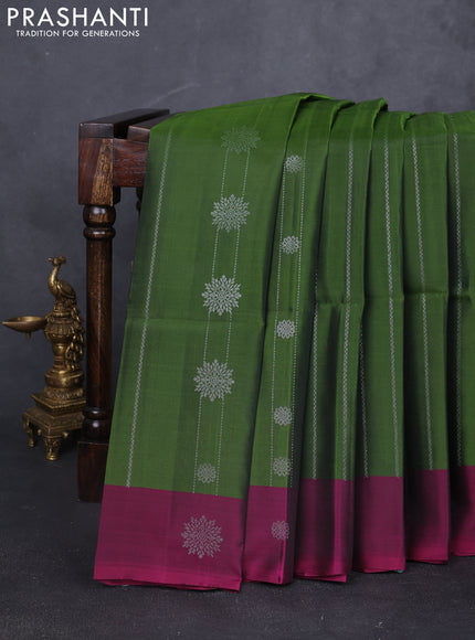 Kanchipuram soft silk saree mehendi green and magenta pink with allover silver zari stripes & buttas and zari woven butta border