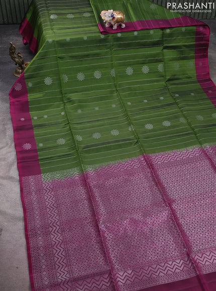 Kanchipuram soft silk saree mehendi green and magenta pink with allover silver zari stripes & buttas and zari woven butta border