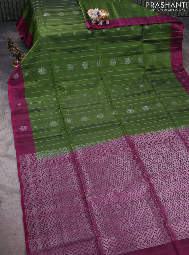 Kanchipuram soft silk saree mehendi green and magenta pink with allover silver zari stripes & buttas and zari woven butta border