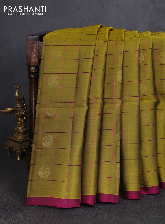 Kanchipuram soft silk saree mehendi green and magenta pink with allover thread checks & buttas and piping border