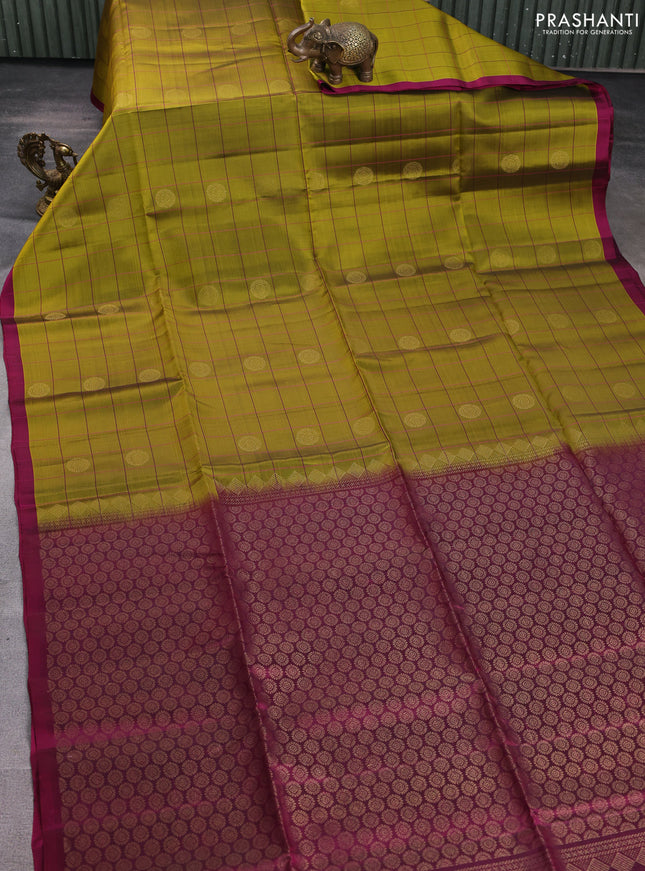 Kanchipuram soft silk saree mehendi green and magenta pink with allover thread checks & buttas and piping border