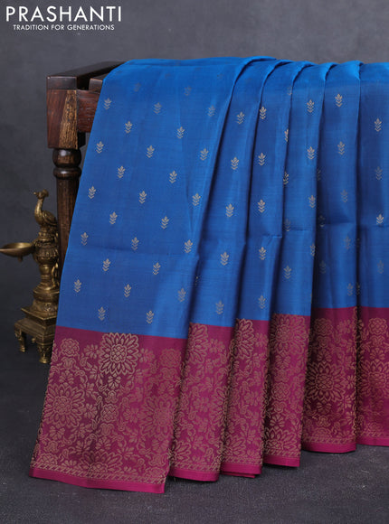 Kanchipuram soft silk saree peacock blue and magenta pink with allover zari woven buttas and zari woven border