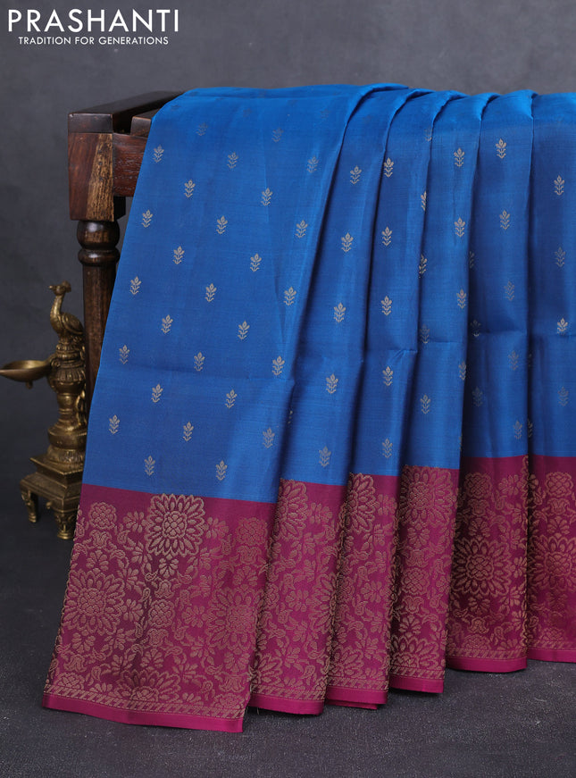 Kanchipuram soft silk saree peacock blue and magenta pink with allover zari woven buttas and zari woven border