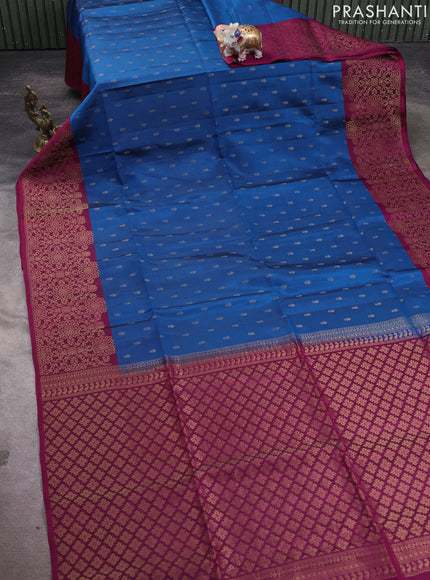 Kanchipuram soft silk saree peacock blue and magenta pink with allover zari woven buttas and zari woven border