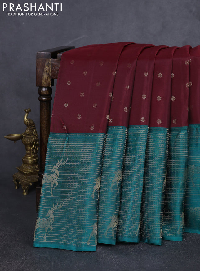 Kanchipuram soft silk saree deep maroon and peacock green with allover zari woven buttas and long zari woven border