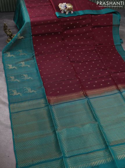 Kanchipuram soft silk saree deep maroon and peacock green with allover zari woven buttas and long zari woven border