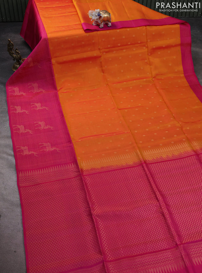 Kanchipuram soft silk saree orange and pink with allover zari woven buttas and long zari woven border