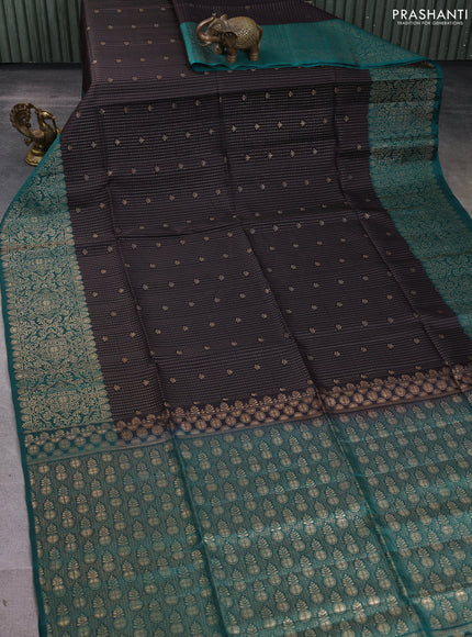 Kanchipuram soft silk saree coffee brown and green with allover zari weaves & buttas and zari woven border