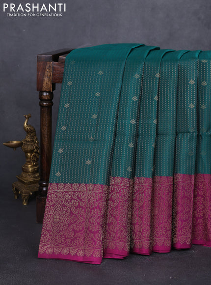 Kanchipuram soft silk saree bottle green and dark magenta pink with allover zari weaves & buttas and zari woven border