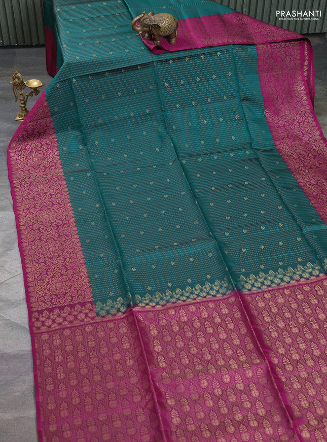 Kanchipuram soft silk saree bottle green and dark magenta pink with allover zari weaves & buttas and zari woven border