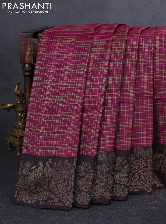 Kanchipuram soft silk saree magenta pink and coffee brown with allover zari checked pattern and zari woven border