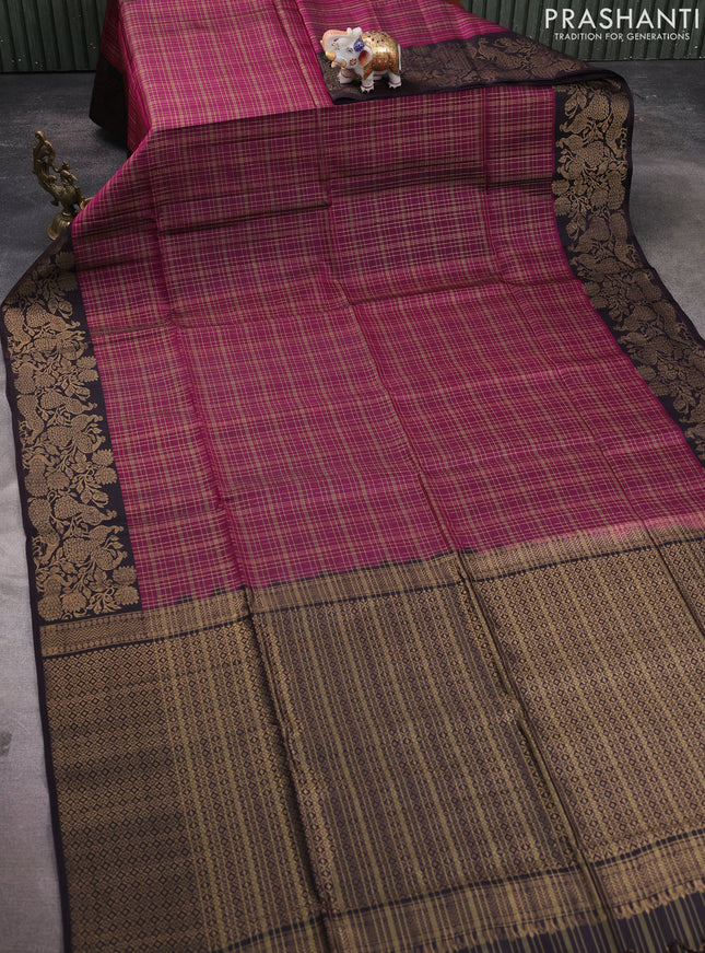 Kanchipuram soft silk saree magenta pink and coffee brown with allover zari checked pattern and zari woven border