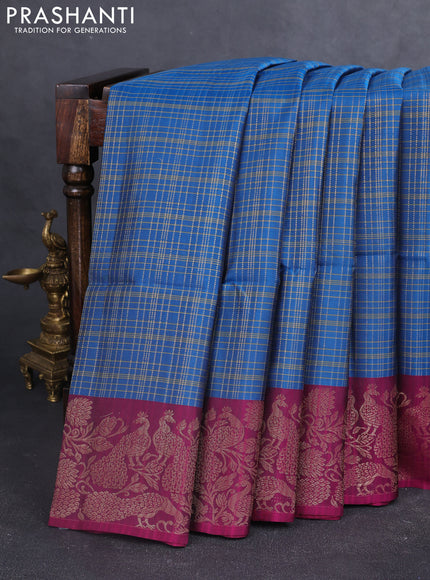 Kanchipuram soft silk saree peacock blue and magenta pink with allover zari checked pattern and zari woven border