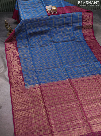 Kanchipuram soft silk saree peacock blue and magenta pink with allover zari checked pattern and zari woven border