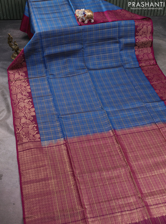 Kanchipuram soft silk saree peacock blue and magenta pink with allover zari checked pattern and zari woven border