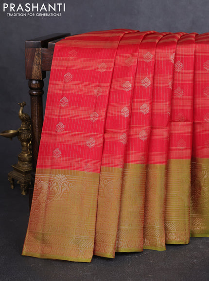 Kanchipuram soft silk saree red and green with allover zari stripes & buttas and long zari woven butta border