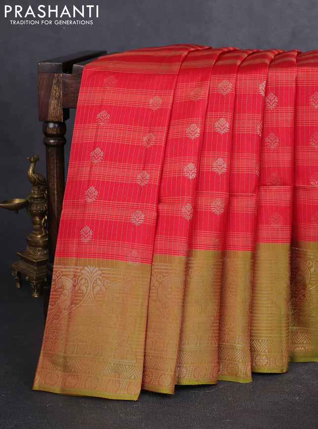 Kanchipuram soft silk saree red and green with allover zari stripes & buttas and long zari woven butta border