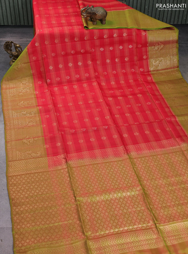 Kanchipuram soft silk saree red and green with allover zari stripes & buttas and long zari woven butta border
