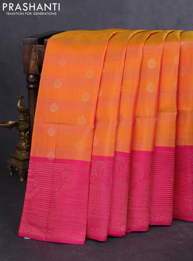 Kanchipuram soft silk saree orange and pink with allover zari stripes & buttas and long zari woven butta border