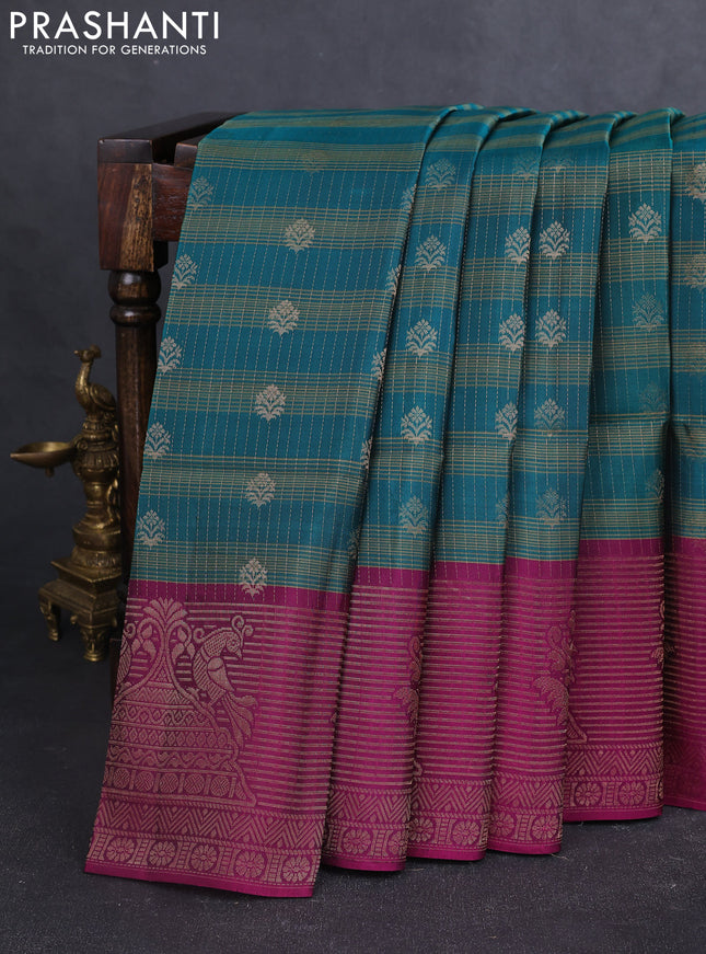 Kanchipuram soft silk saree peacock green and pink with allover zari stripes & buttas and long zari woven butta border