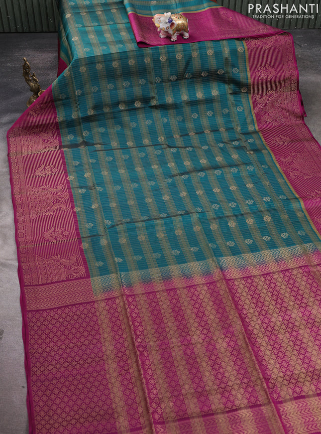 Kanchipuram soft silk saree peacock green and pink with allover zari stripes & buttas and long zari woven butta border