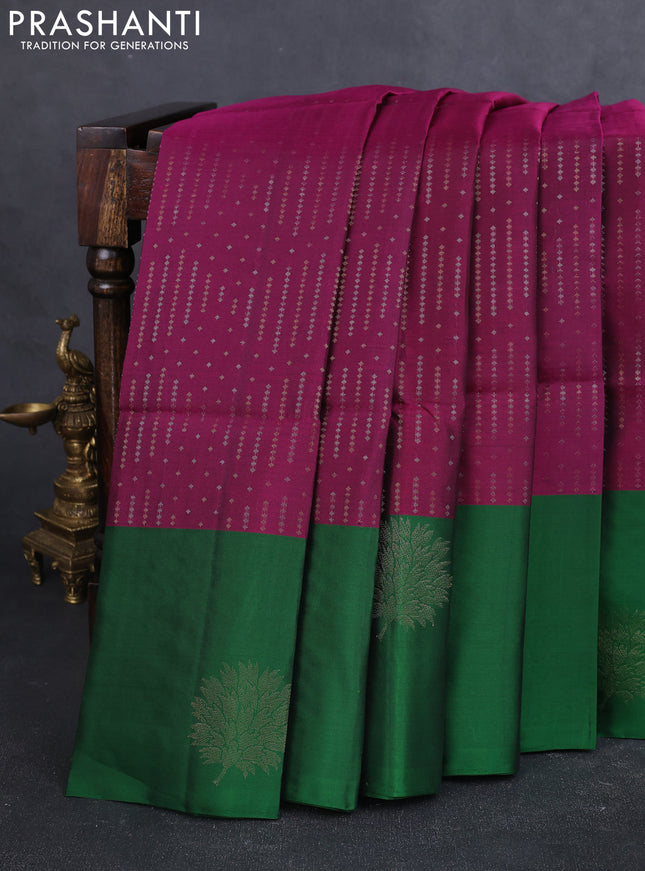 Kanchipuram soft silk saree purple and green with allover silver & zari weaves and long zari woven butta border