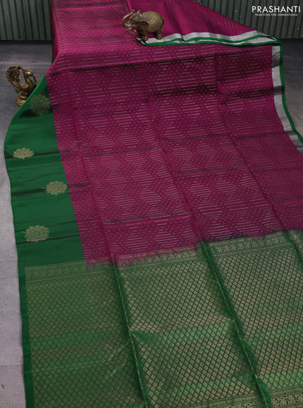 Kanchipuram soft silk saree purple and green with allover silver & zari weaves and long zari woven butta border