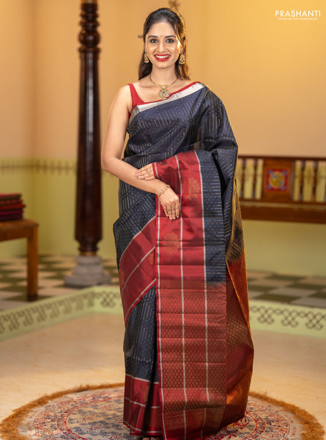 Kanchipuram soft silk saree black and maroon with allover silver & zari weaves and long zari woven butta border