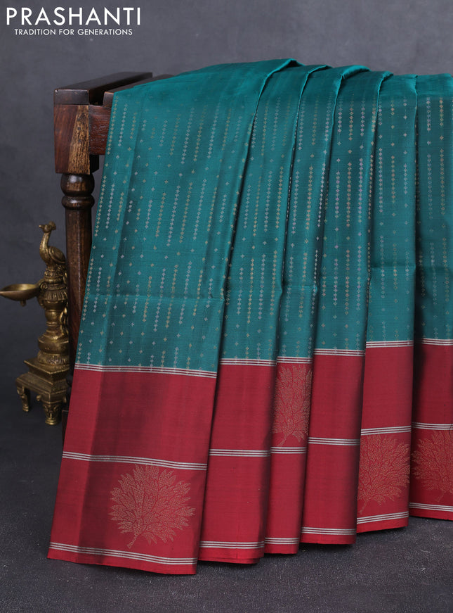 Kanchipuram soft silk saree green and maroon with allover silver & zari weaves and long zari woven butta border