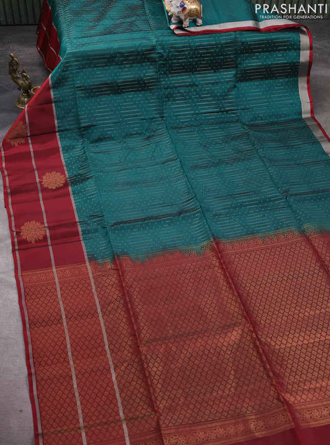 Kanchipuram soft silk saree green and maroon with allover silver & zari weaves and long zari woven butta border