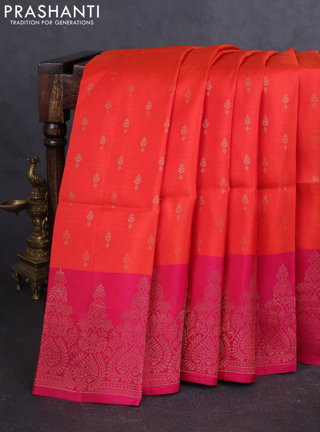 Kanchipuram soft silk saree orange and pink with allover zari woven buttas and long zari woven border